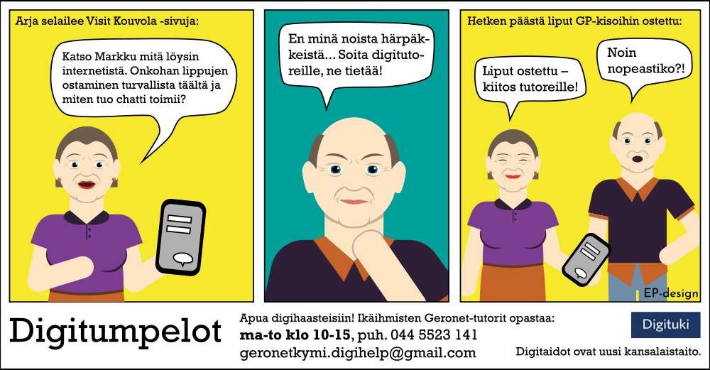Kuvassa on Digitumpelot-sarjakuva, jossa pohditaan verkko-ostamista ja soitetaan Digitutoreille.