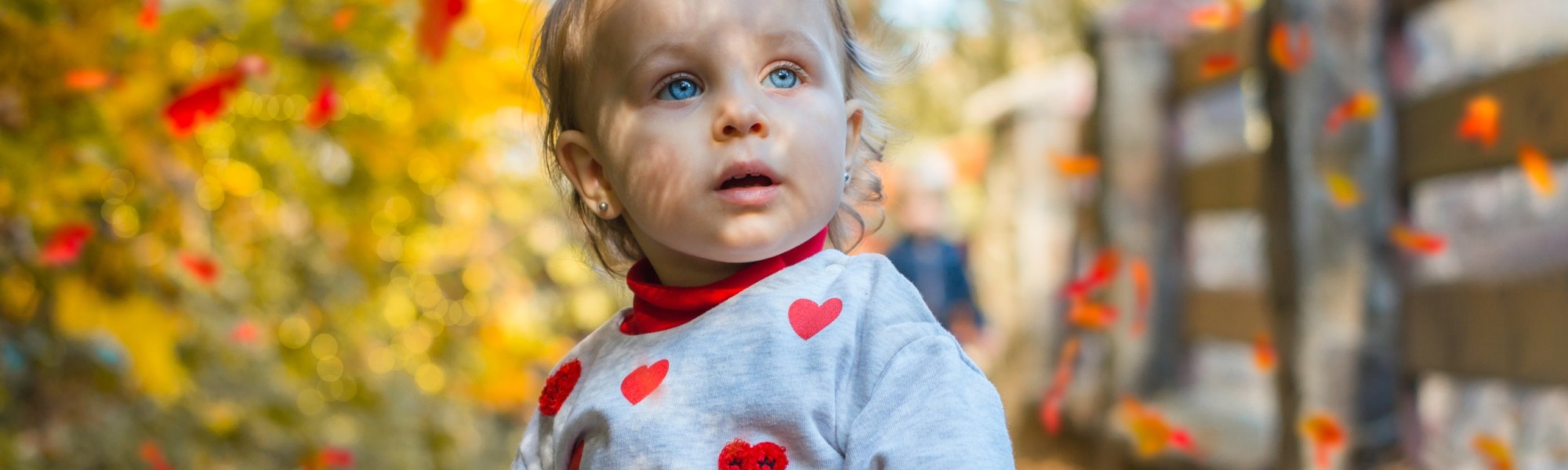 Kuvassa on pieni tyttö, jolla on siniset silmät ja sydänkuvioitu paita. Taustalla näkyy syksyinen luono ja ruskan värjäämiä lehtiä. Tyttö pitää kädessään keltaista vaahteranlehteä.