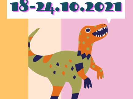 Satuviikko-julisteen piirroskuva dinosauruksesta