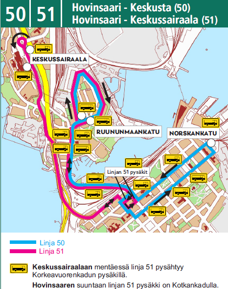 Hovinsaari-keskusta bussireitit kartalla