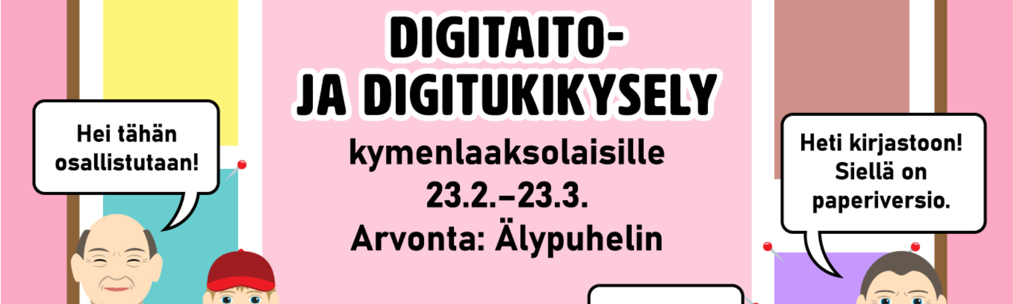 Kuvassa eri ikäiset piirretyt henkilöhahmot keskustelevat innostuneesti digitukikyselyyn vastaamisesta.