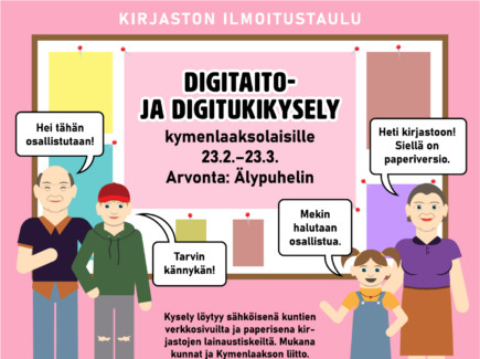 Kuvassa eri ikäiset piirretyt henkilöhahmot keskustelevat innostuneesti digitukikyselyyn vastaamisesta.