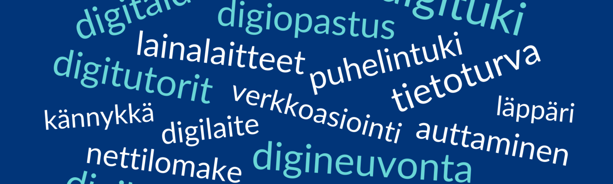 Kuvassa on tumman sinisellä taustalla erilaisia digimaailmaan liittyviä sanoja.