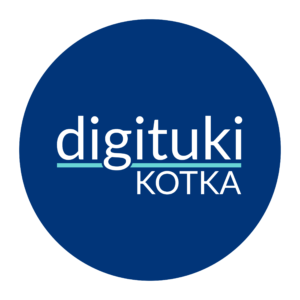 Kuvassa Kotkan digituen logo, jossa tumman sinisellä pohjalla digituki Kotka -teksti.
