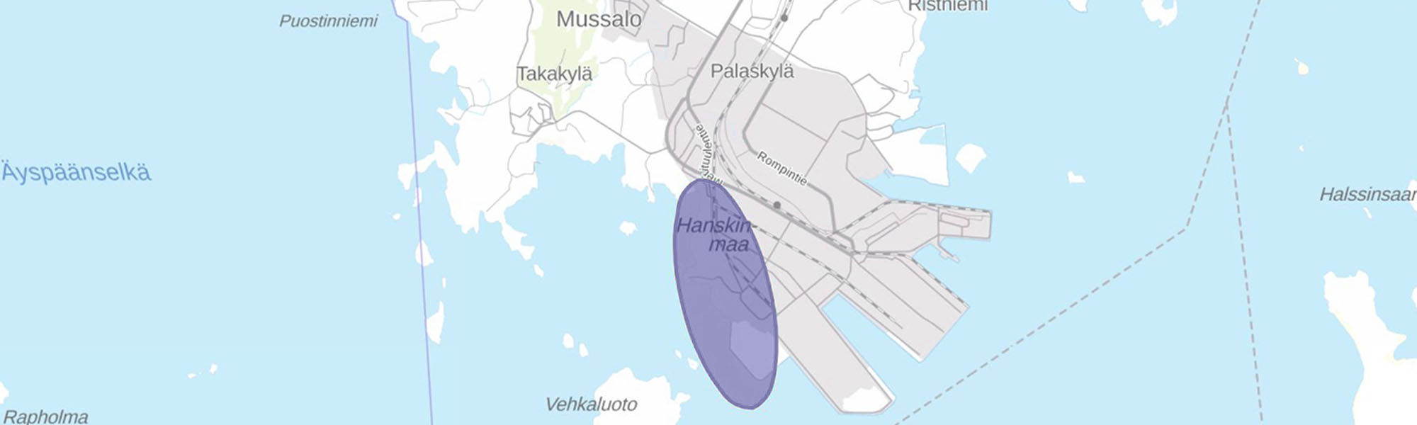 Kuvassa esitetty Mussalon sataman D-kentän kaava-alueen sijainti.