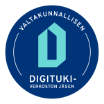 Tummansininen DVV:n Valtakunnallisen digitukiverkoston jäsen -logo.