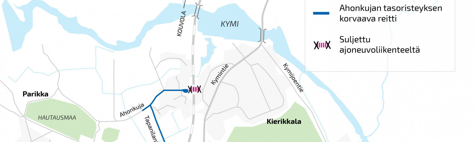 Karttakuva Ahonkujan tasoristeyksen korvaavasta reitistä