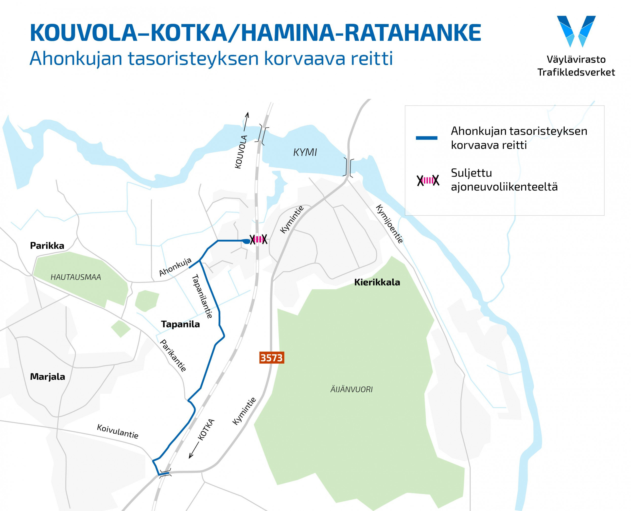 Karttakuva Ahonkujan tasoristeyksen korvaavasta reitistä