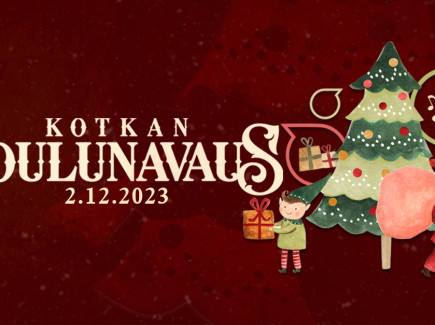Kuvassa teksti Kotkan Joulunavaus 2.12.2023 ja kuvituksena joulukuusi, tonttu, joulupukki ja lahjoja.