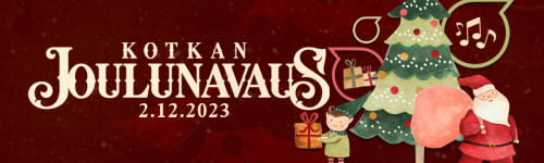 Kuvassa teksti Kotkan Joulunavaus 2.12.2023 ja kuvituksena joulukuusi, tonttu, joulupukki ja lahjoja.