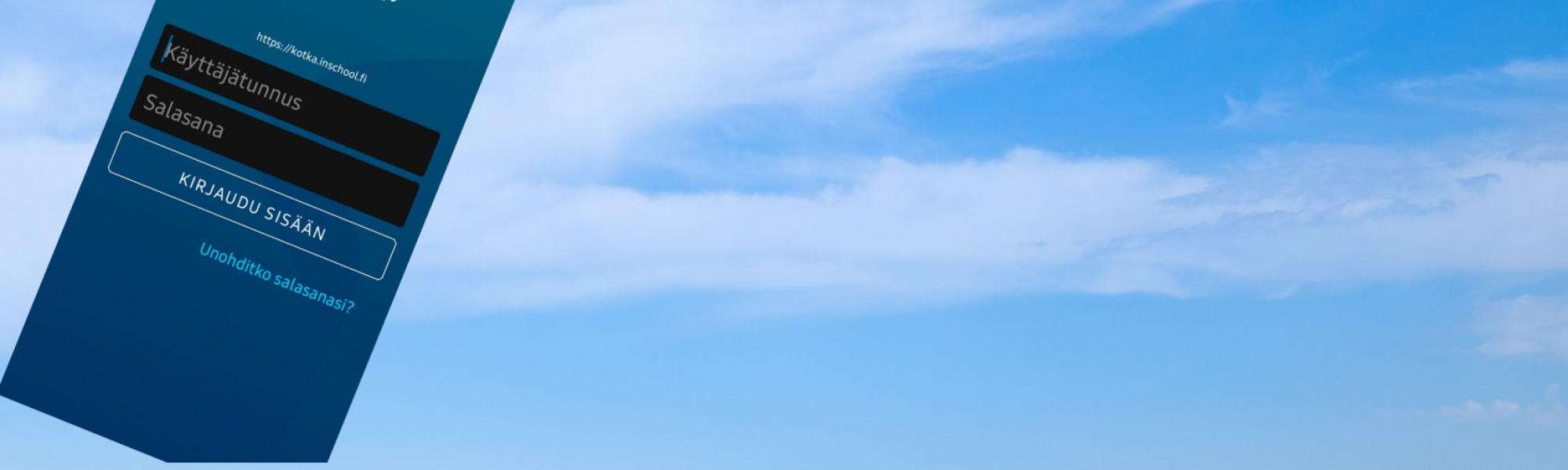 Wilmaan kirjautumisen näkymä puhelimesta taustalla sininen taivas jossa valkoisia pilviä