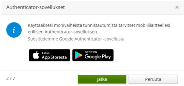 Wilma asetusten monivaiheisen tunnistautumisen authenticator popup-ikkuna.