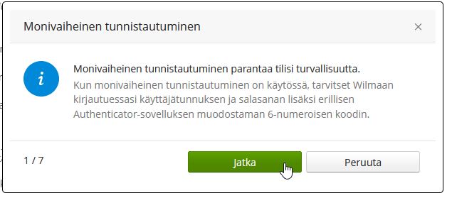 Wilma asetusten monivaiheisen tunnistautumisen popup-ikkuna.