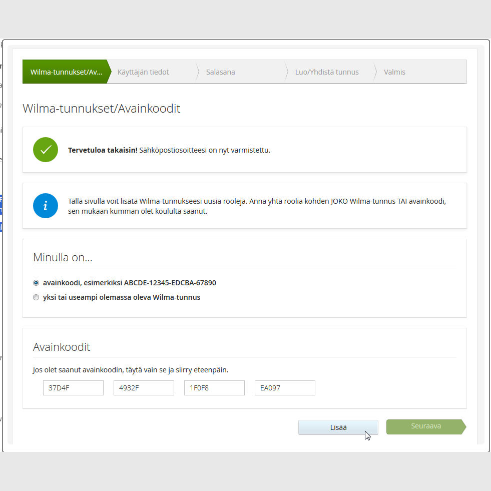 Wilma-tunnuksen luominen ja avainkoodin lisäys