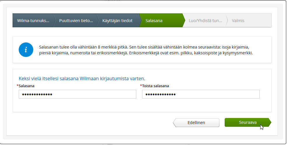 Wilma tunnuksen luominen ja huoltajan salasanan määritys. Salasanan tulee olla vähintään 8 merkkiä pitkä. Sen tulee sisältää vähintään kolmea seuraavista: isoja kirjaimia, pieniä kirjaimia, numeroita tai erikoismerkkejä.