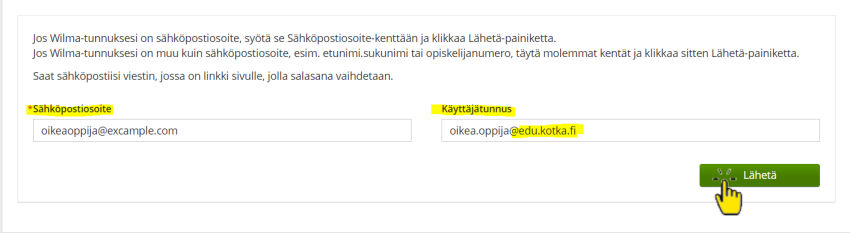 Kuvakaappaus Wilman sivusta, jossa pyydetään salasana palauttamiseen tarvittavat tiedot, tieto kuvattu tekstinä.