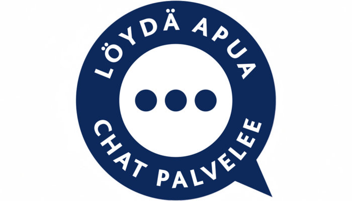 Chat-kuvake, sininen ympyrä kuin pelastusrengas, jossa lukee "Löydä apua - chat palvelee". Renkaan keskellä kolme pistettä vaakasuorassa.