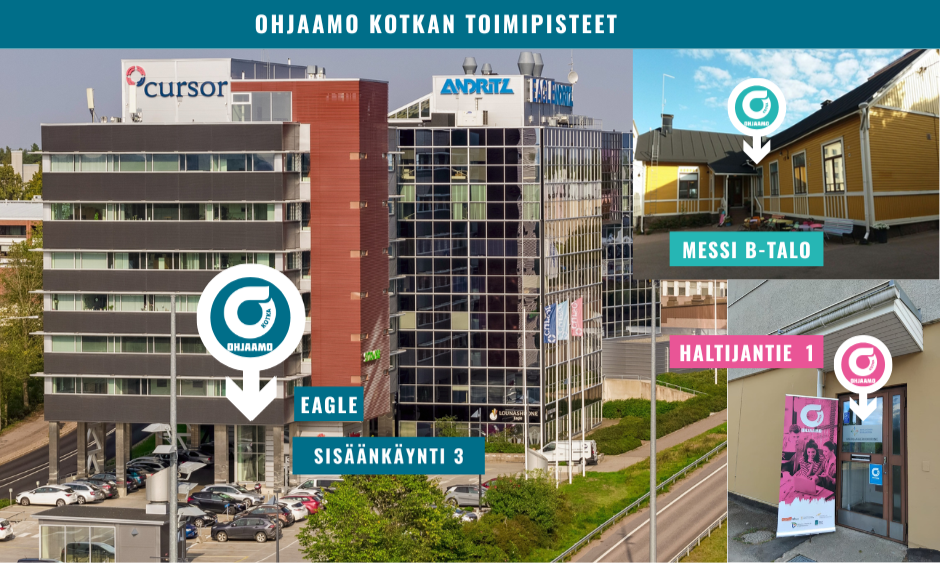 Kuva Ohjaamo Kotkan kaikista kolmesta toimipisteestä. Eagle-talo Karhulassa, Yhteisötalo Messin B-talo Kotkansaarella ja Karkkari (kerhotila, haltijantie 1) Karhuvuoressa.