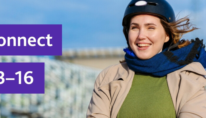 Kuvassa nainen ja tekstiä: Work & Connect 28.1. klo 13-16.