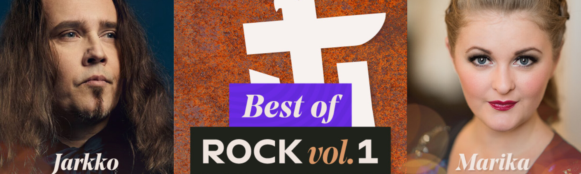 Vasemmalla Jarkko Ahola, keskellä tapahtuman kuvitus Best of Rock vol. 1, oikealla Marika Hölttä.