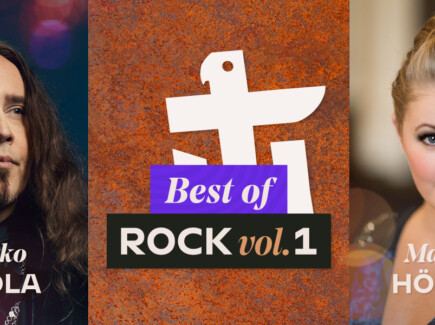 Vasemmalla Jarkko Ahola, keskellä tapahtuman kuvitus Best of Rock vol. 1, oikealla Marika Hölttä.
