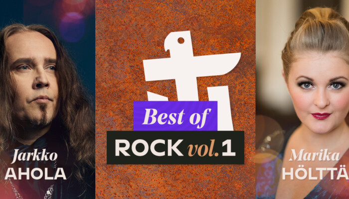 Vasemmalla Jarkko Ahola, keskellä tapahtuman kuvitus Best of Rock vol. 1, oikealla Marika Hölttä.