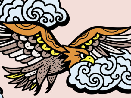 Osa Eka Kososen teosta. Kukkia, kotka, pilviä ja vettä.