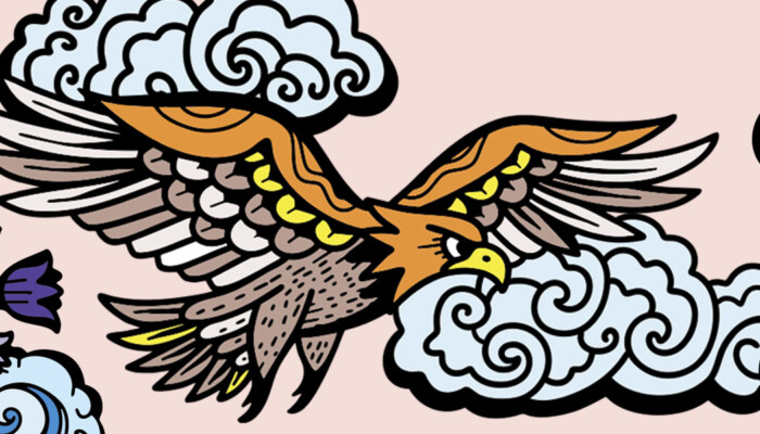 Osa Eka Kososen teosta. Kukkia, kotka, pilviä ja vettä.