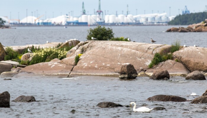Kuvassa merta, taustalla satama, etualalla kallio.